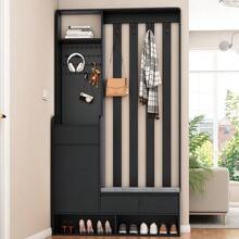 Mobile da ingresso con panca contenitore imbottita, scarpiera multifunzionale con pannello forato, mobile moderno con 4 ganci per ingresso o lavanderia, bianco, H 180/L 100/P 35 cm - nero - Visualizzare 3