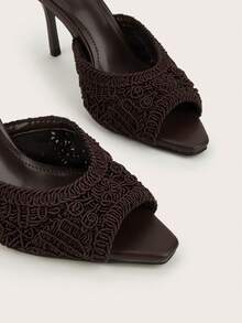 Mules de tacón alto fino tipo slip-on para mujer, color café marrón, punta cuadrada, ganchillo, punta abierta, estilo de Oriente Medio, zapatos de verano - Café integral - Ver 4