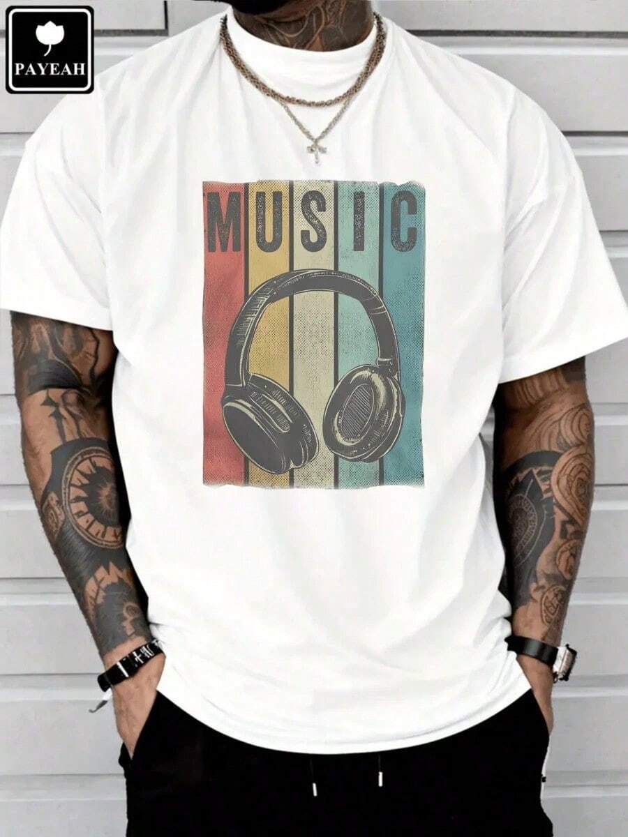 Thick Cotton T-Shirt With Vintage Retro Headphone Design For Electronic Music Lovers And DJs, Brand PAYEAH - 白色 - 查看 1