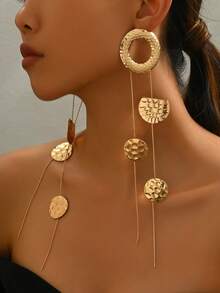 1 par de pendientes colgantes geométricos circulares martillados, pendientes largos con borlas de moda personalizados - Dorado - Ver 5