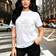 Camiseta de mujer con estampado "IT'S MY BIRTHDAY" en letras blancas con corona y estrellas - camiseta casual de manga corta, ajuste cómodo y estilo urbano ideal para celebraciones - regalo perfecto para mamá, esposa, novia, hermana mayor y hermana m - Blanco - Ver 10