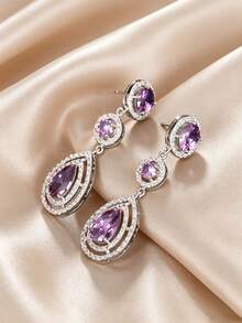 1 Pair Fashionable Cubic Zirconia Teardrop Earrings, Suitable For Women's Daily, Party, Holiday, Wedding Wear - Silver - View 5