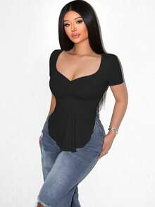 Camiseta de manga larga para mujer con cuello cuadrado minimalista de unicolor, diseño de bajo asimétrico de - Negro 2 - Ver 1