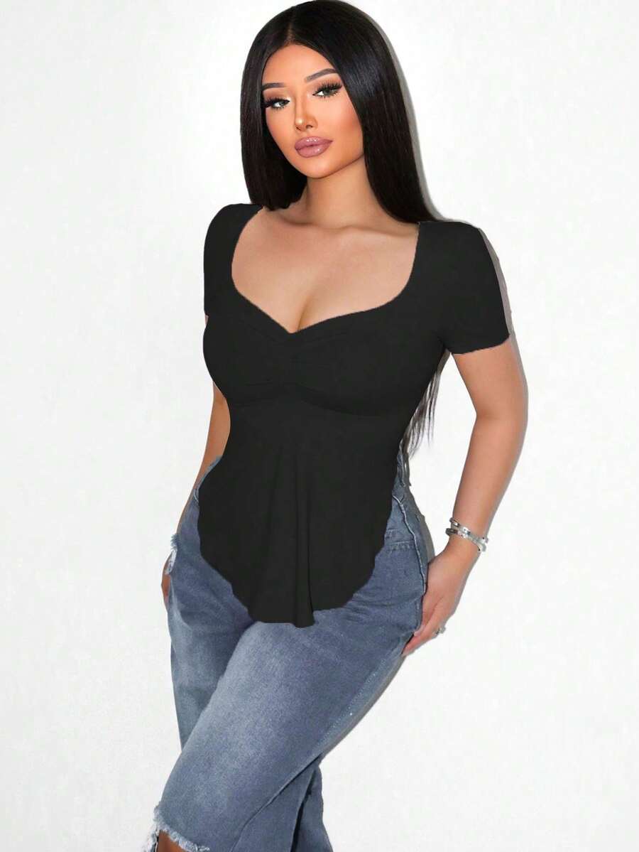 Camiseta de manga larga para mujer con cuello cuadrado minimalista de unicolor, diseño de bajo asimétrico de - Negro 2 - Ver 1