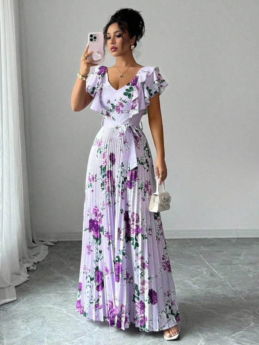 xheElenzga Vestido elegante y romántico para mujer con cuello en V, estampado digital, volantes en la cintura y corte evasé, estilo vacacional para Halloweenxhe - Multicolor 3 - Ver 1