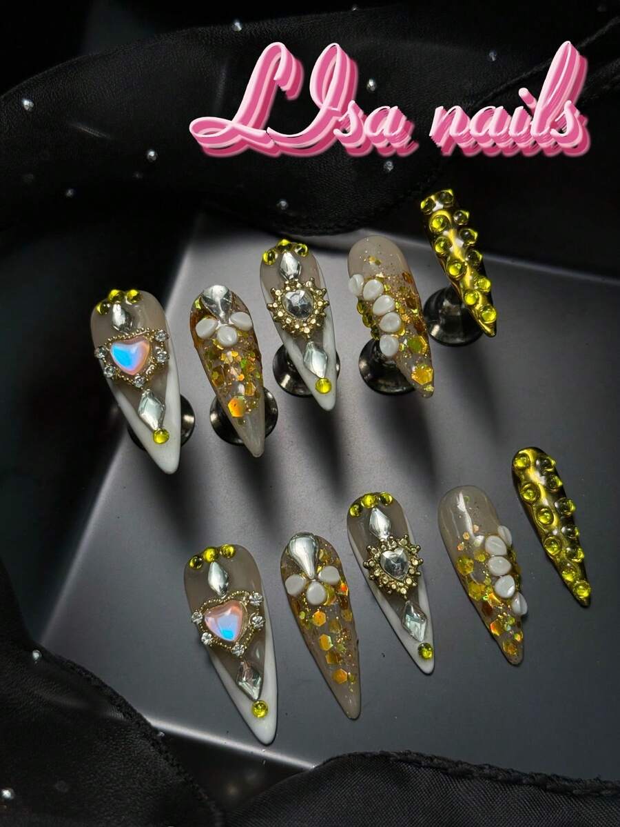 10pcs Handmade Full Coverage Stiletto Fake Nails, Yellow Tone, 3D Heart, Rhinestone, Glitter, Gemstone Decor, Removable And Reusable, Y2K Luxury Shiny Style Fake Nails, Suitable For Party, Daily, Cosplay, Includes Jelly Glue And Nail File Handmade Press On Nails
