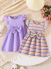 2pcs/Set Toddler Girls' Casual Cute & Elegant Bow Decor Striped & Solid Color Ruffle Hem Dress Outfit, Summer - Multicolor - View 1