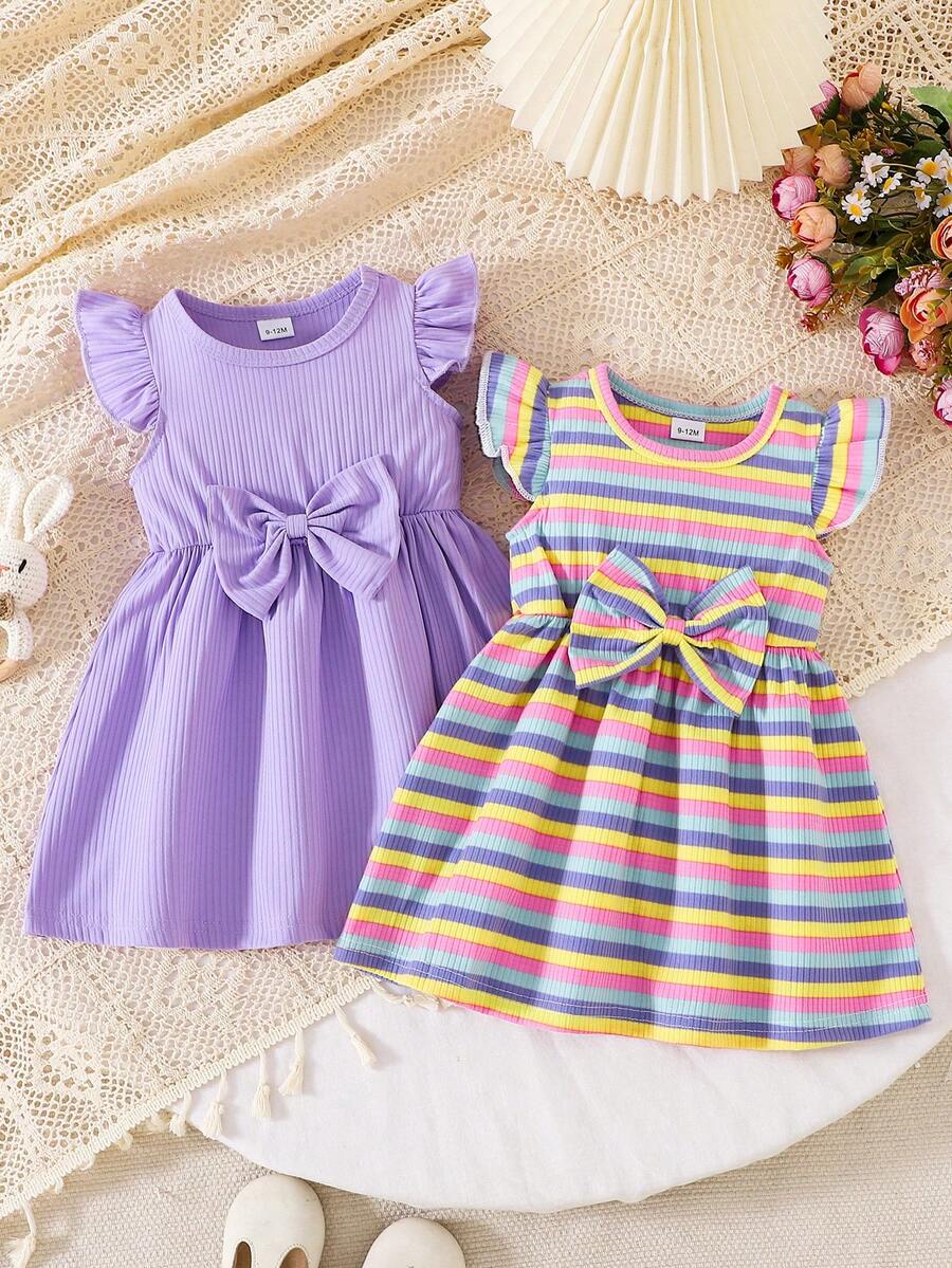 2pcs/Set Toddler Girls' Casual Cute & Elegant Bow Decor Striped & Solid Color Ruffle Hem Dress Outfit, Summer - Multicolor - View 1