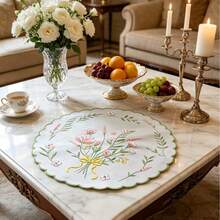 Seasonal Multi-Color Wavy Edge Round Floral Embroidered Placemat, Coaster, Napkin For Home Gatherings, Dining Table, Coffee Table Decor - Beige - View 2