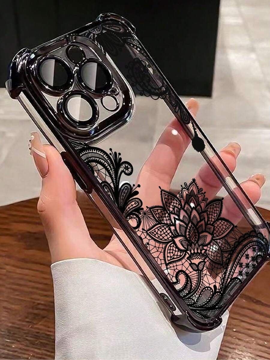 1 Piece Fashion Phone Case Does Not Include Lanyard Or Stand. TPU Luxury Black Lace Black Floral Lace Fashion TPU 1 Unit New Galvanized Four Corners Air Cushion Anti-Drop/Reinforced Transparent TPU Protective Shockproof Premium Case Compatible With Apple 17 Air/17 Professional Max. 16 Professional Max. /16 Pro/16/13 Professional Max. /12 Professional Max 11, 15 Professional Max, 14 Professional Max/, //Note 13 Pro/S23 Ultra/S24 Ultra/S25/A56 Phone Case Spring Birthday Gift - 黑色 - 查看 1