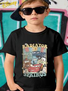 Disney Cars Lightning Mcqueen No. 95 Summer Cool Cartoon Graphic With English Lettering Casual Sports Outdoor Multi-Functional Short Sleeve T-Shirt, Stylish And  Boys' Clothing Suitable For Boys Aged 12 And Under For Daily Home, School - 黑色 - 查看 1