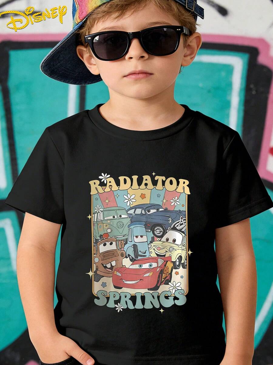 Disney Cars Lightning Mcqueen No. 95 Summer Cool Cartoon Graphic With English Lettering Casual Sports Outdoor Multi-Functional Short Sleeve T-Shirt, Stylish And  Boys' Clothing Suitable For Boys Aged 12 And Under For Daily Home, School - 黑色 - 查看 1
