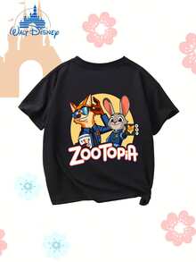 DISNEY Boys' Zootopia Nick & Judy Cartoon Shirt - Soft Stretchy Breathable Kids Summer Outfit With Nick Wilde & Judy Hopps Character Design, Loose Fit Short Sleeve Tunic Suitable For Kids, Holiday Gift For Boys - 黑色 - 查看 3