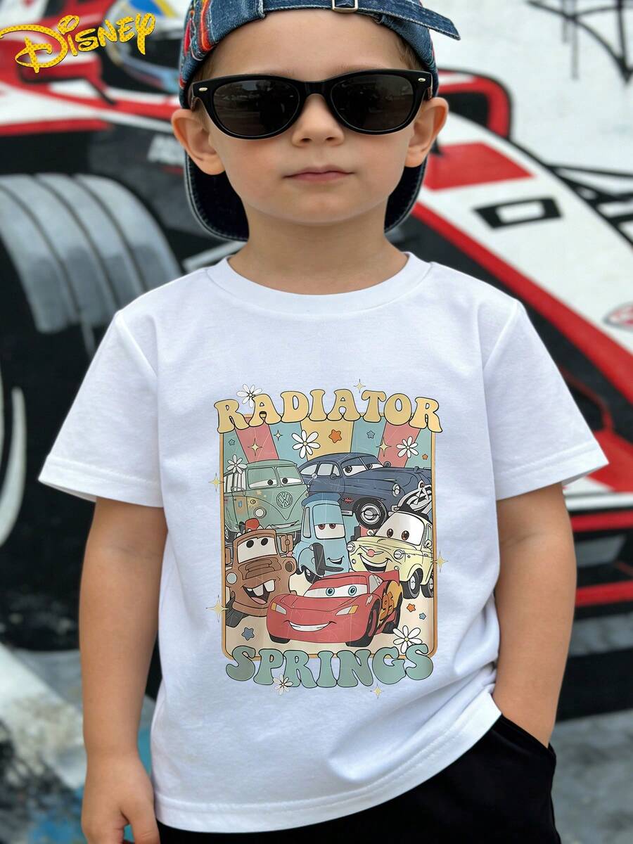 Disney Cars Lightning Mcqueen No. 95 Summer Cool Cartoon Graphic With English Lettering Casual Sports Outdoor Multi-Functional Short Sleeve T-Shirt, Stylish And  Boys' Clothing Suitable For Boys Aged 12 And Under For Daily Home, School - 白色 - 查看 1