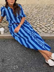 2pcs New Elegant Striped Bohemian Casual Suit, Versatile For Beach, Vacation, Daily Wear, Dates, Street Style, All Seasons - Blue - View 7