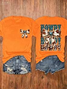 Western Tops Women, Turquoise Bow-Knot Print Round Neck Short Sleeve Top, Gift For Mom, Western Cowgirl Style, Country Outfit, Summer Cowboy Tee, Free Shipping - 橘色 - 查看 3
