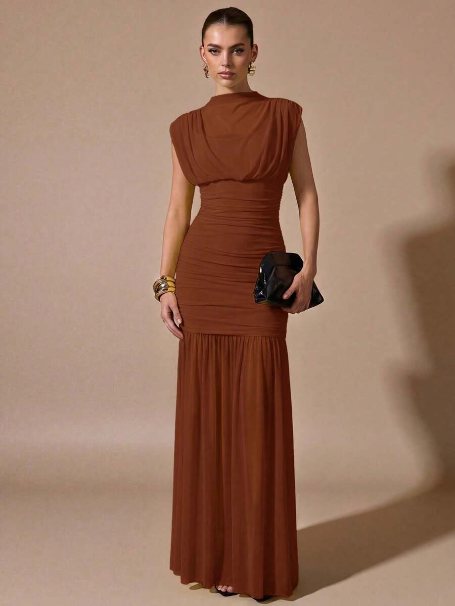 sfvsSHEIN  Vestido negro envolvente de gasa elegante con pliegues, adecuado para citas románticas, fiestas, eventos formales, vestidos de dama de honor, vestido de verano para mujer, vestido para té, Año Nuevo, Día de San Valentín, mini vestido de cumpleaños, vestido largo negro vestido de noche para mujervfdw GCUR - Óxido marrón - Ver 1