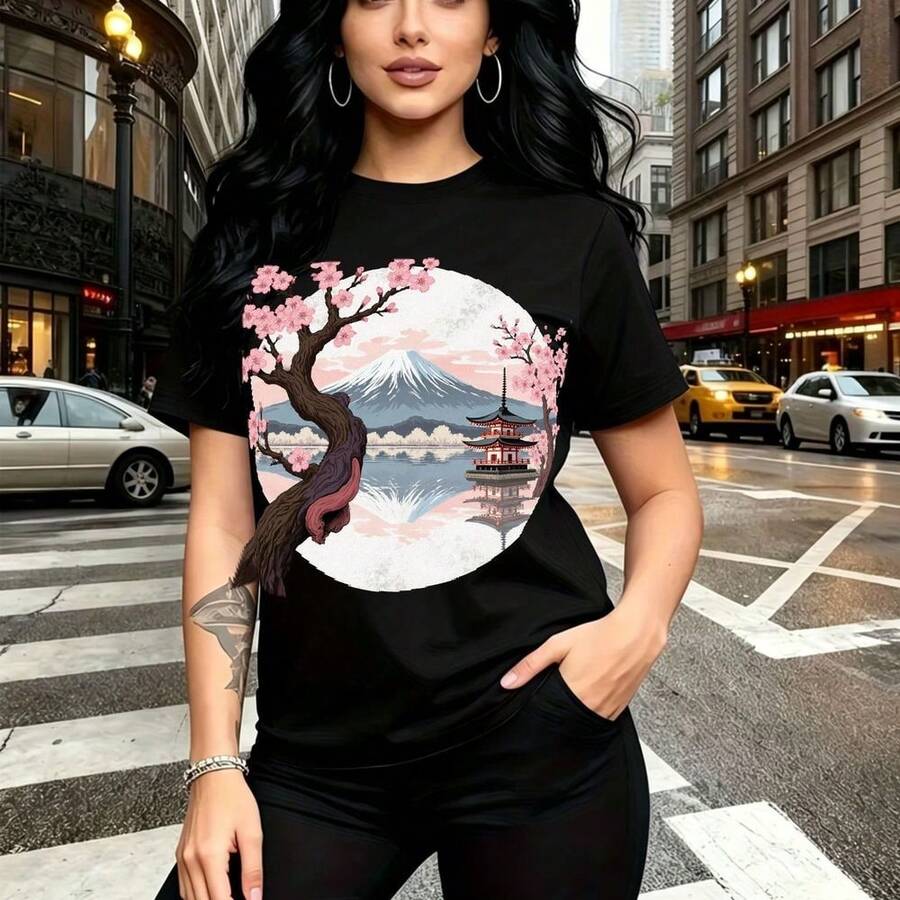 Camiseta de mujer con estampado del Monte  y cerezos en flor estilo japonés - diseño sereno con pagoda y reflejos, ajuste cómodo y fresco ideal para el día a día urbano - regalo perfecto para mamá, esposa, novia, hermana mayor y hermana menor con - Negro - Ver 1