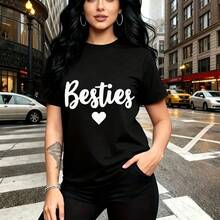 Camiseta de mujer con estampado "Besties" en letra cursiva blanca y corazón - camiseta casual de manga corta con ajuste cómodo y moderno, estilo urbano para calles de la ciudad - ideal para salidas casuales, paseos por el centro y regalo perfecto par - Negro - Ver 11