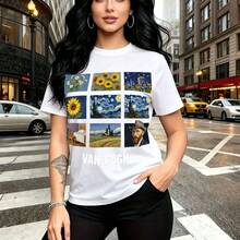 Camiseta de mujer con estampado de arte clásico de Van Gogh incluyendo Girasoles y Noche Estrellada - diseño urbano con grid de 9 cuadros, cuello redondo y manga corta, ajuste cómodo para el clima cálido de México - ideal para paseos por la ciudad, s - Blanco - Ver 1
