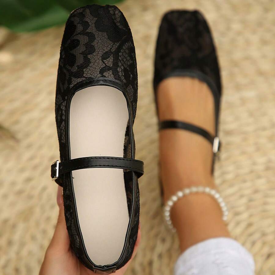 Women's French Style Mesh Lace Shoes, Versatile Black Commuter Shoes, Gentle Outdoor Wear - Black - View 1