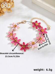 OOQ 1pc Minimalist 6-Petal Flower Rattan Bracelet, Colorful Dopamine Summer Holiday Beach, Valentine's Day, Back To School Gift For Friends And Family (Handmade Rattan Weaving, Random Direction And Shape) - Hot Pink - View 5