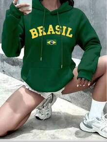 Women's Kangaroo Hoodie, Brazil Style, Flannel Lined, Comfortable, Casual, Women's Fashion For Winter And Autumn. - 綠色 - 查看 1