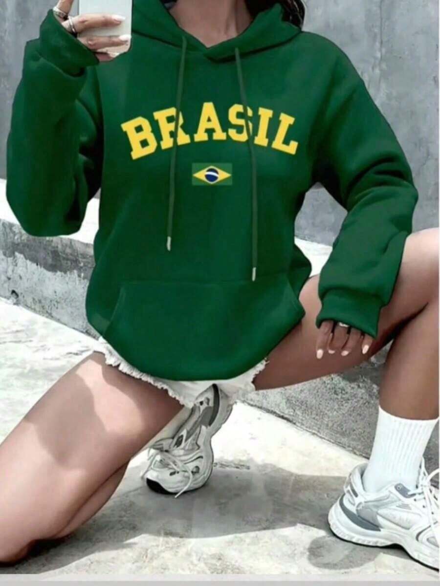 Women's Kangaroo Hoodie, Brazil Style, Flannel Lined, Comfortable, Casual, Women's Fashion For Winter And Autumn. - 綠色 - 查看 1