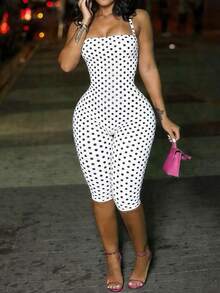 Summer Street Style Polka Dot Print Sleeveless Halter Neck Jumpsuit For Women White - White - View 1