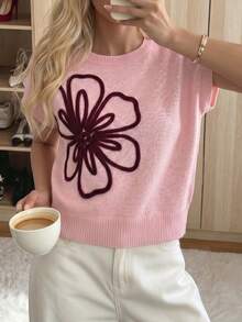 New Pink 3D Floral Rope Embroidery Knit Top, Round Neck Dropped Shoulder Style, Gentle And Sweet Design White Summer - White - View 2