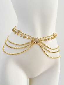 1pc Sexy White Tassel Crystal Bling Waist Chain, Nightclub Stage Performance Jewelry Body Chain - Gold - View 2