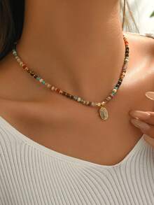 1pc Women's Stainless Steel Natural Stone Geometric Pendant Colorful Beaded Necklace, Fashionable Vintage Style Suitable For Daily Wear (Bead Color Random) - Gold-n1129 - View 2