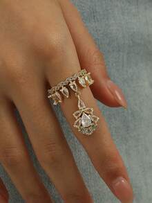 1pc Luxury Court Style Crown Cubic Zirconia Rings, Sparkling Water Drop Tassel Open Copper Ring, Suitable For Engagement/Wedding Banquets, Gatherings, Date & Daily - Crown - View 3