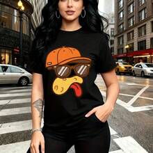 Camiseta de mujer con estampado de pato caricaturesco con gorra de béisbol y gafas de sol, diseño divertido y colorido de animalito amarillo - camiseta casual de manga corta, ajuste cómodo y fresco, estilo urbano y juvenil - ideal para paseos por la - Negro - Ver 1