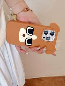 1pc 3D Bulldog Puppy Soft Silicone Large Hole Solid Color Cute Cartoon Case Compatible With IPhone 17 Pro Max/16 Pro Max, Full Coverage Anti-Fall 16 Pro, 17 Pro Camera Button - Brown - View 3