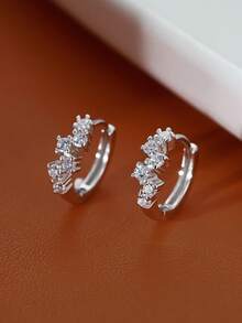 1pair Small & Minimalist & Rhinestone Decor Hoop Earrings With Unique Design - Antique Silver - View 7