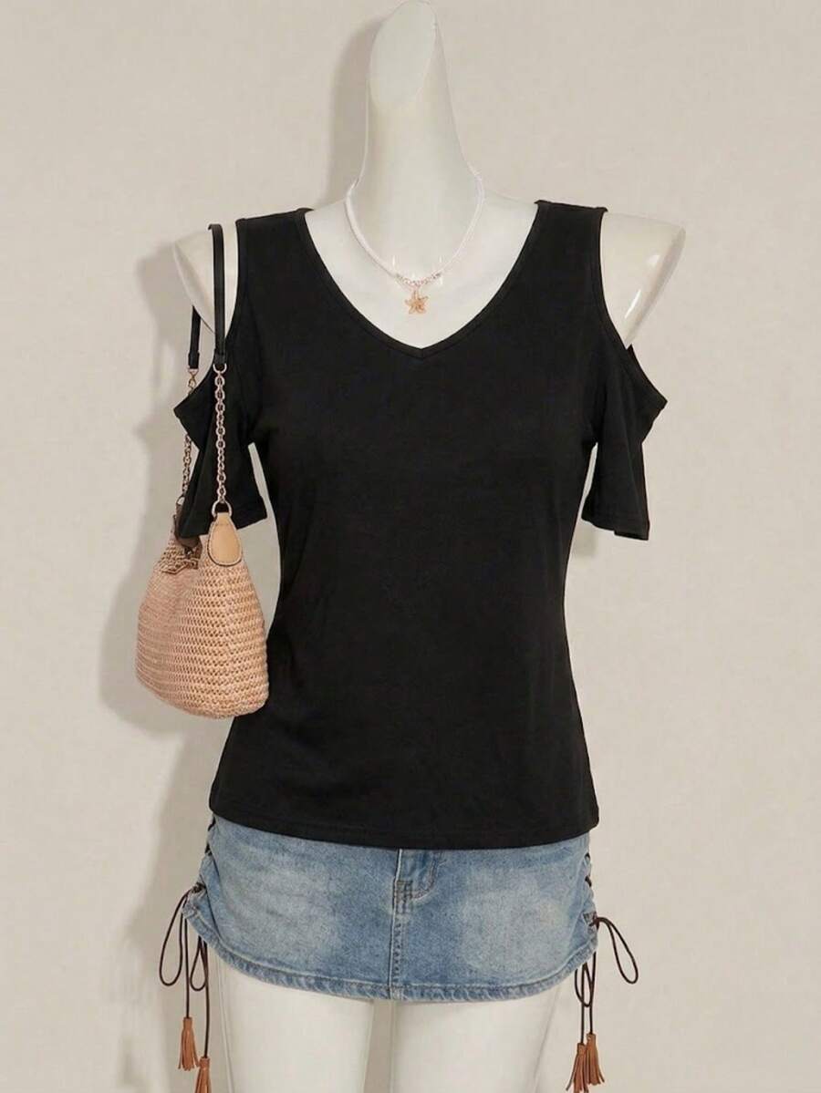 1 chiếc áo thun nữ mùa hè thời trang trễ vai cổ chữ V tay ngắn, phong cách retro Y2K, phù hợp cho dạo phố, công sở, trường học, mặc thường ngày, hẹn hò, tụ tập, tiệc tùng và các dịp khác - màu đen - Xem 1