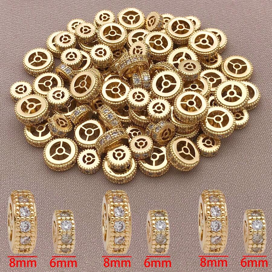 3 buah Manik-manik Spacer Kubik Zirkonia Kuningan Berlapis Emas 18K Bentuk Roda Rondelle, Manik-manik Longgar Rhinestone untuk Aksesoris Pembuatan Perhiasan DIY