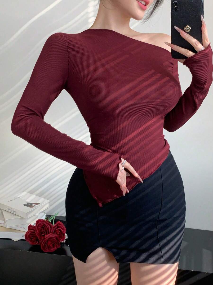 Camiseta de manga larga con hombro asimétrico, volantes y fruncido para mujer - Rojo - Ver 1