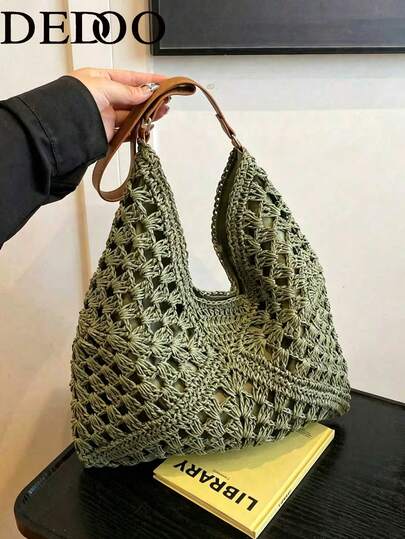 Dedoo Spring & Summer Fashion Large Capacity Vacation Style Hollow Straw Handbag, Tricolor Interwoven Diagonal Geometric Pattern, Beach