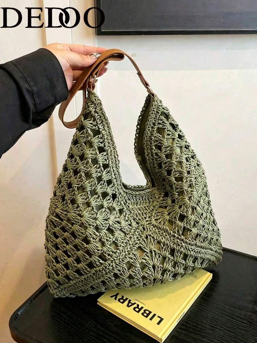 Dedoo Spring & Summer Fashion Large Capacity Vacation Style Hollow Straw Handbag, Tricolor Interwoven Diagonal Geometric Pattern, Beach