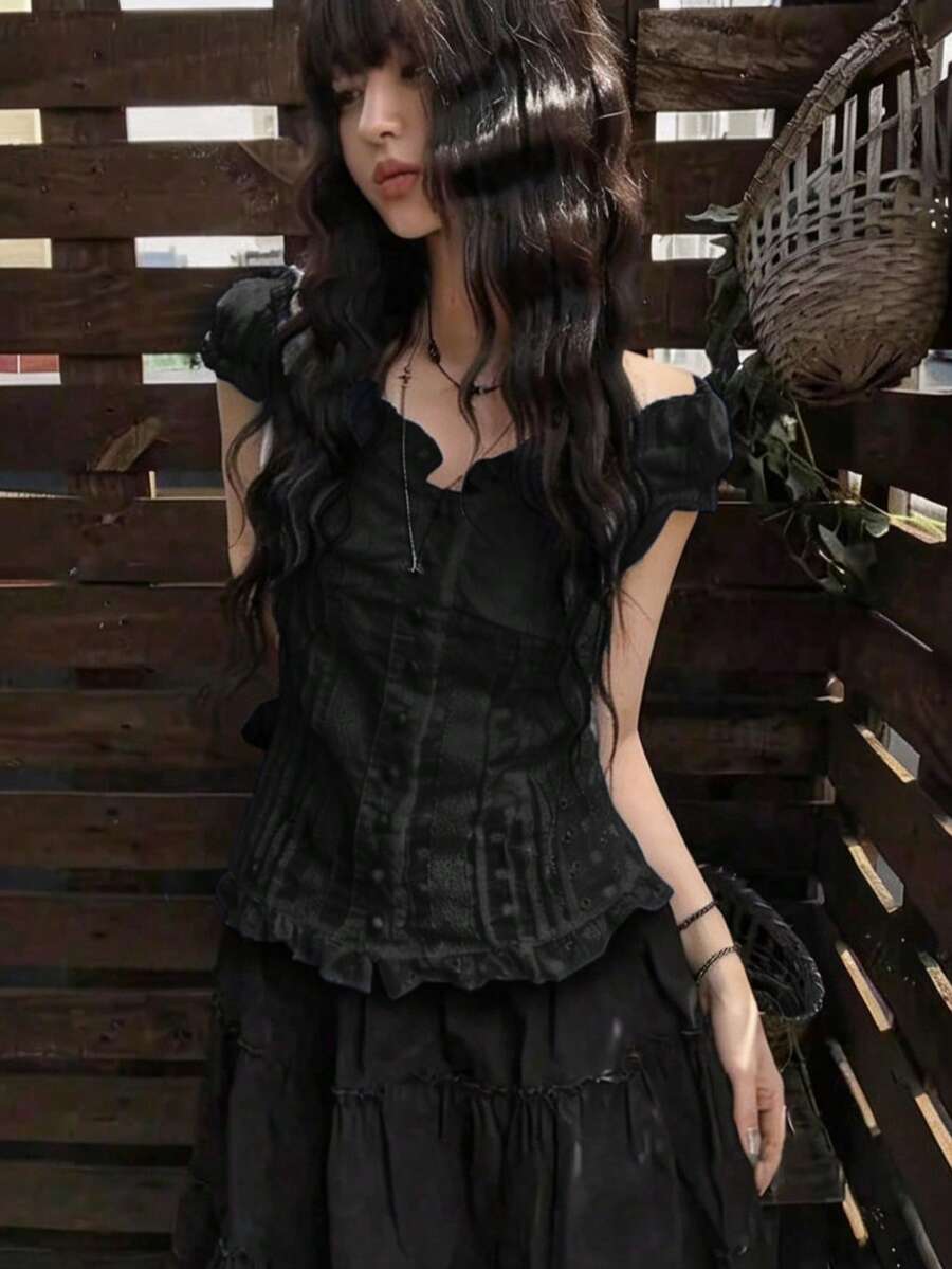 法式甜美蕾絲單排扣花瓣袖女上衣,夏季黑色 - 黑色 - 查看 1