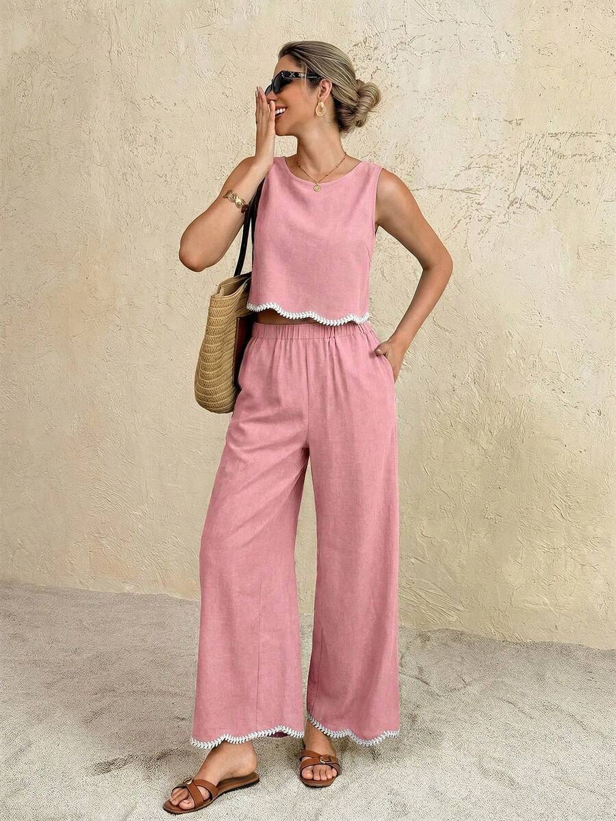 Frenchy Conjunto de 2 piezas de camiseta sin mangas y pantalones con ribete de contraste para vacaciones casuales de mujer - Rosa - Ver 1
