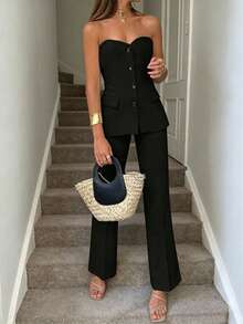 2pcs Elegant Minimalist Holiday Party Commute Daily Business Suit Top, Back To School Summer Black - Black - View 8
