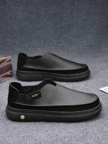 Men's Breathable Comfortable Perforated Casual Shoes, Versatile Slip-On Loafers, Suitable For Summer, Work, Travel, Driving - Black - View 6