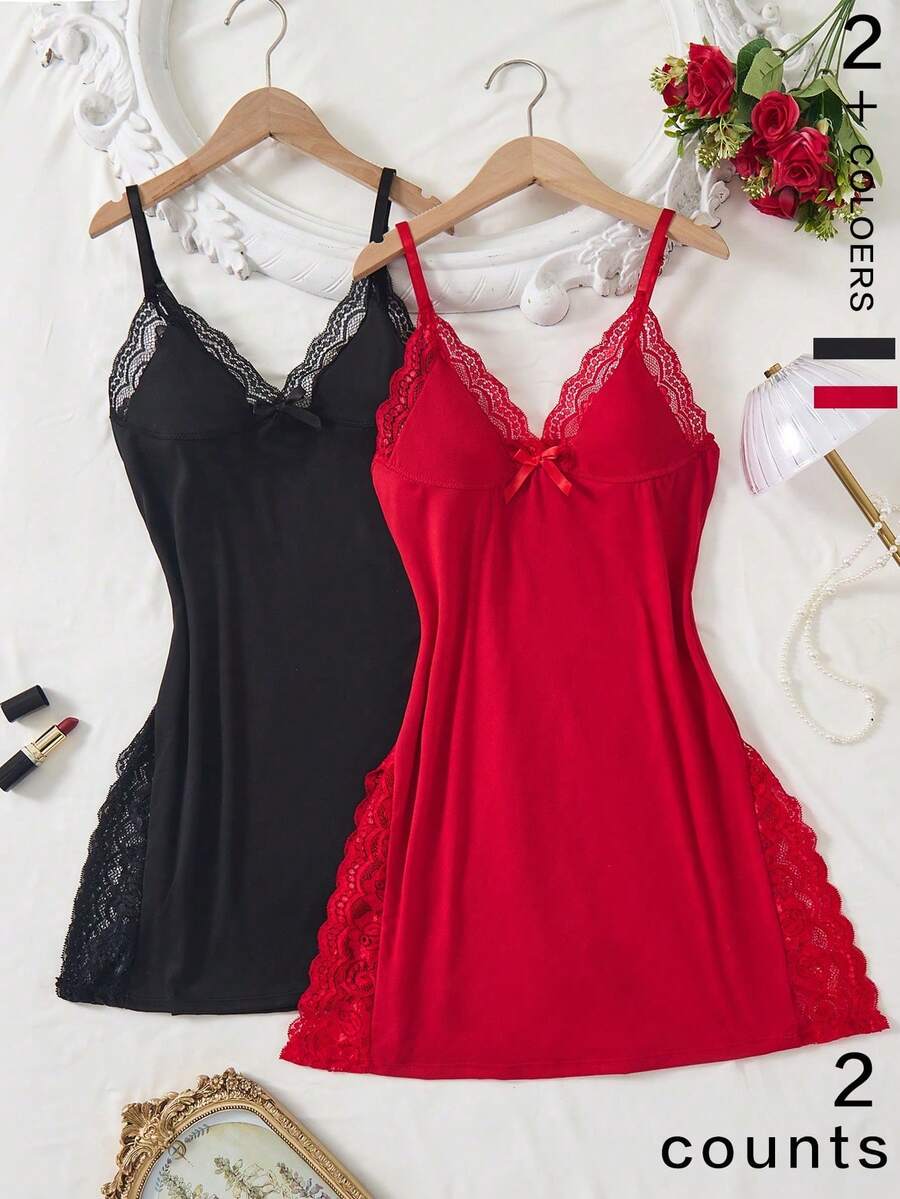 2-Piece Romantic Nightgown With Side Slit, Decorated With Lace And Bow - Multicolor 2 - View 1