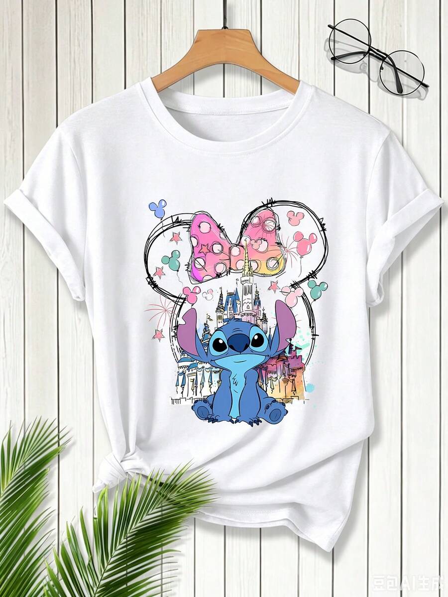 Disney Women's Casual Stitch Castle Tee, Minnie Ears & Fireworks Print, Magical & Cute, Great For Lilo & Stitch Fans. - trắng - Xem 1