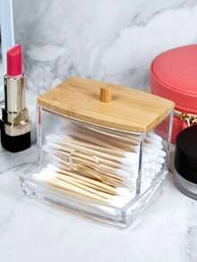 1pc Acrylic Cotton Swab Holder With Bamboo Lid, Transparent Small Cotton Swab Box, Plastic Ear Swab Box, Toothpick Storage Box, Bathroom Countertop Decorative Storage Box, Jewelry Box, Makeup Brush Holder, Makeup Brush Storage Box, Perfume Storage Box, Cosmetic Bag, Great Gift For Women, Christmas Gift,Room Decor - A - View 3