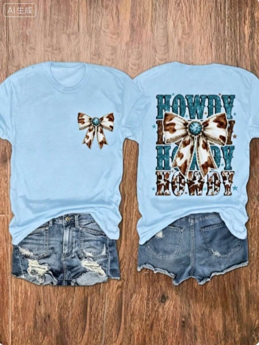 Western Tops Women, Turquoise Bow-Knot Print Round Neck Short Sleeve Top, Gift For Mom, Western Cowgirl Style, Country Outfit, Summer Cowboy Tee, Free Shipping - 淺藍色 - 查看 1