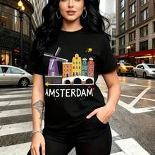 Camiseta de mujer con estampado colorido de Amsterdam, molinos de viento púrpuras, casas de canales multicolores y abeja amarilla - camiseta casual de cuello redondo, ajuste cómodo y elegante, estilo urbano y moderno - ideal para paseos por la ciudad - Negro - Ver 10